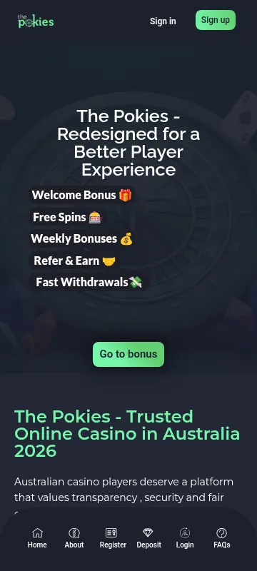 The Pokies Net Casino mobile browser view for games, promotions and account access