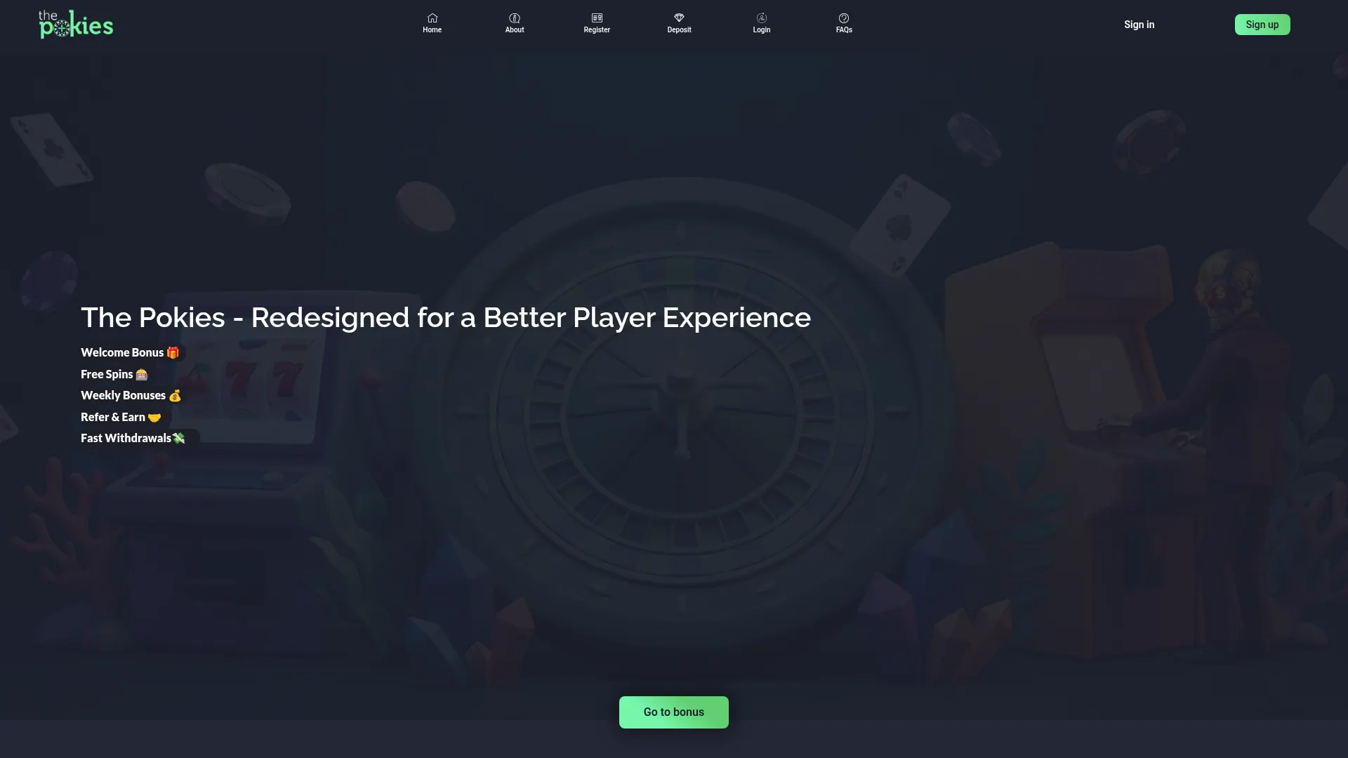 The Pokies Net Casino desktop view with casino promotions and account features